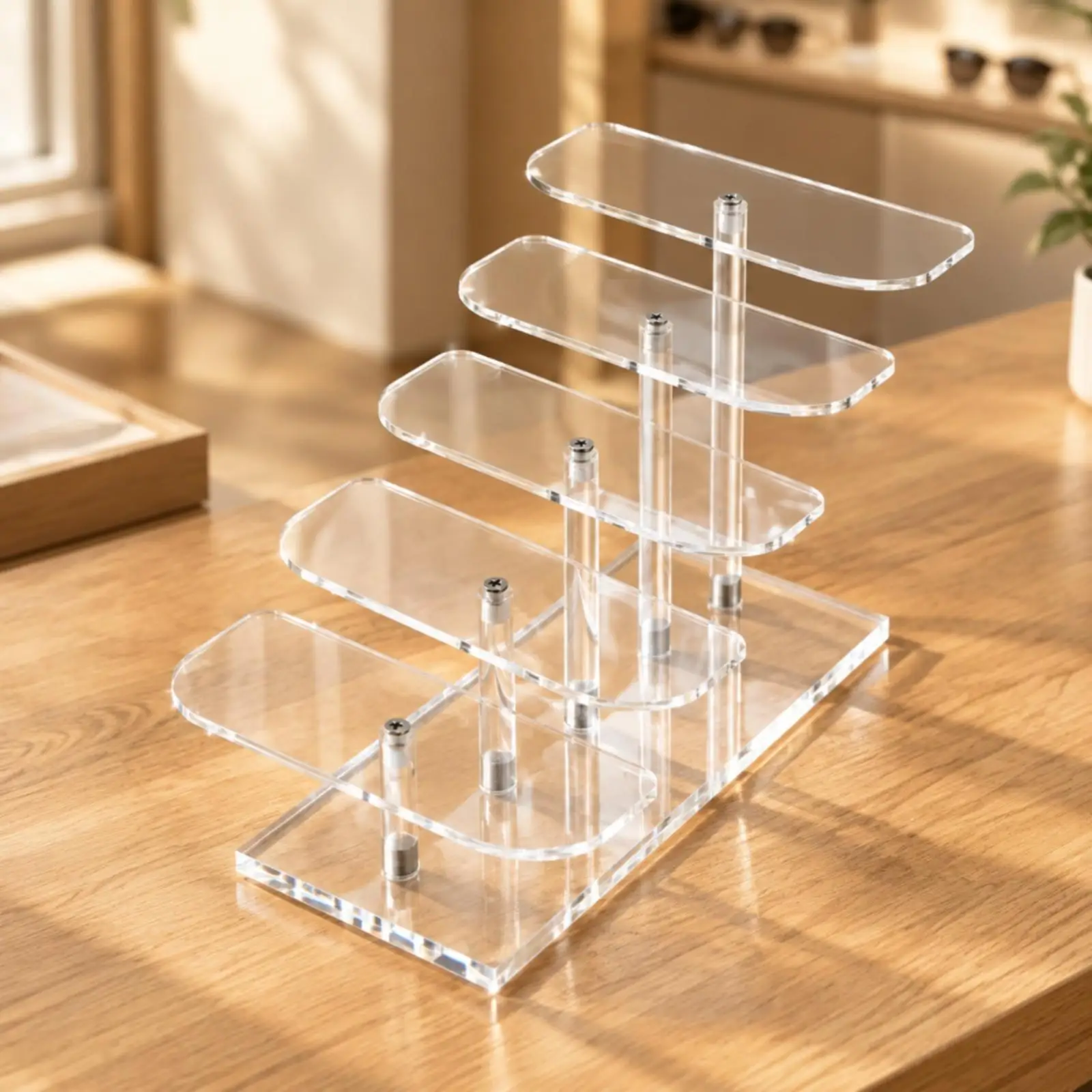 Clear Acrylic Sunglasses Display Stand Tabletop Eyewear Rack with Horizontal Shelves for Retail Store Accessory Showcase
