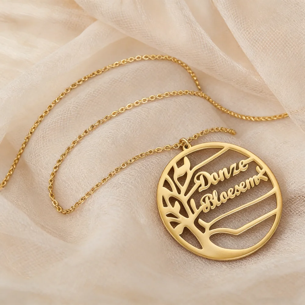 

Personalized Family Tree Necklace Custom Tree Of Life Pendant，Custom Family Member Names Stainless Steel Jewelry Gift For Wome