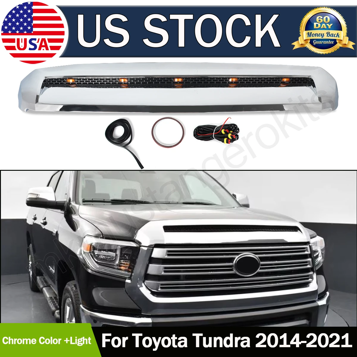 

Chrome Front Upper Hood Bulge Molding Grills with 5 Lights For 2014-2021 Toyota Tundra ABS Front Bumper Upper Grille Hood Grill