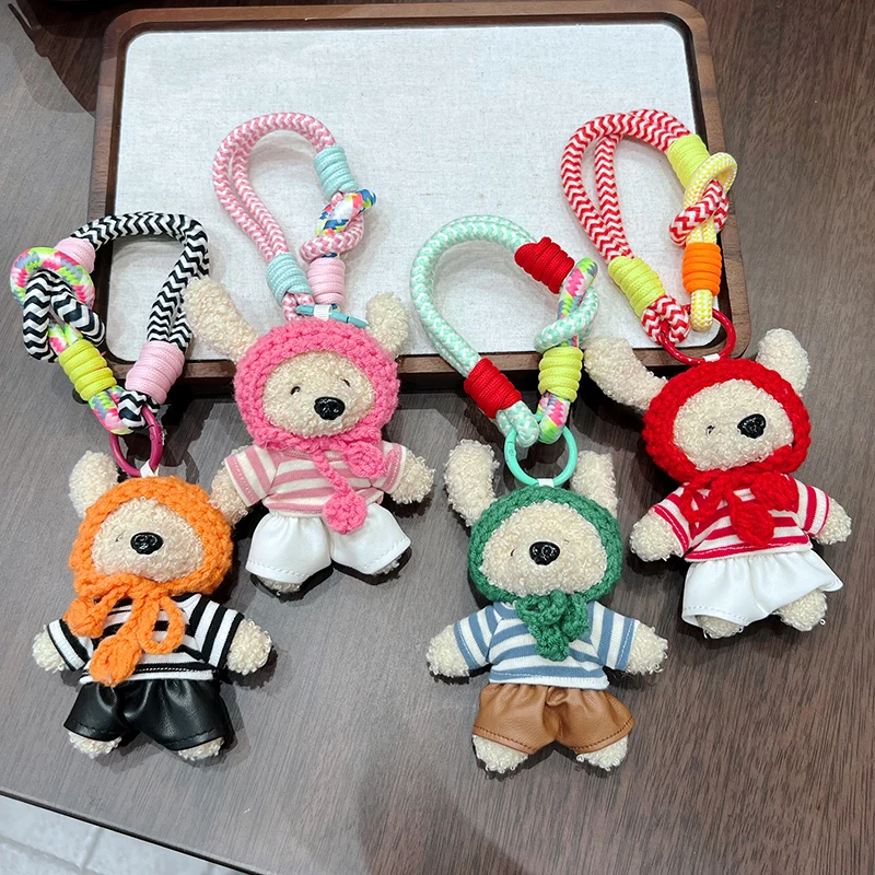 Creative striped top plush rabbit keychain cartoon head cover small rabbit bag hanging decoration car keychain ring holiday gift