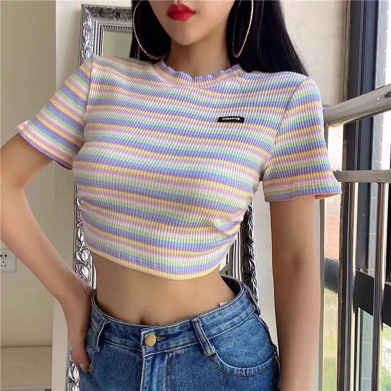 Summer Rainbow Print Backless Cropped Tshirt Women Hot Girl  Sexy Short Sleeve Stripe T-shirt Fashion Crop Tops Tees Streetwear