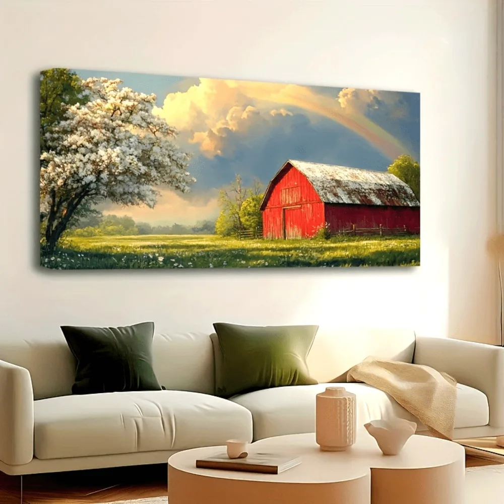 

1.5 inch thick pine solid wood frame, mural barn picture, landscape oil painting,natural wildflowers, country landscape printing