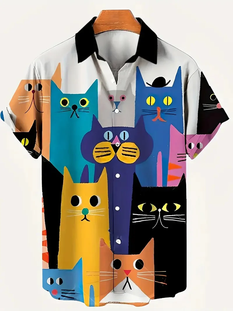 Men's Hawaiian Short Sleeve Shirt Colorful Cartoon Cat Print Youthful vitality chic Casual Summer Beach Daily Top
