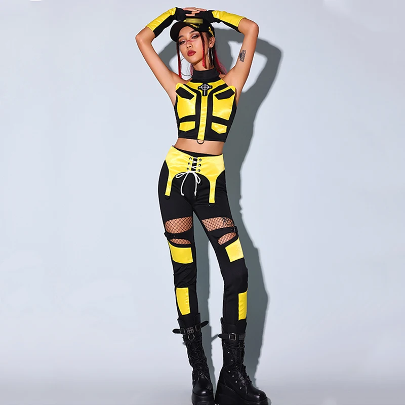 ชุดเต้นแจ๊สผู้หญิง ชุดคอสเพลย์เคป๊อป เสื้อสีเหลืองดำ กางเกง ชุดแสดงสำหรับไนต์คลับ บาร์ ดีเจ ชุดเรฟ แดร็กควีน รุ่น BL12932