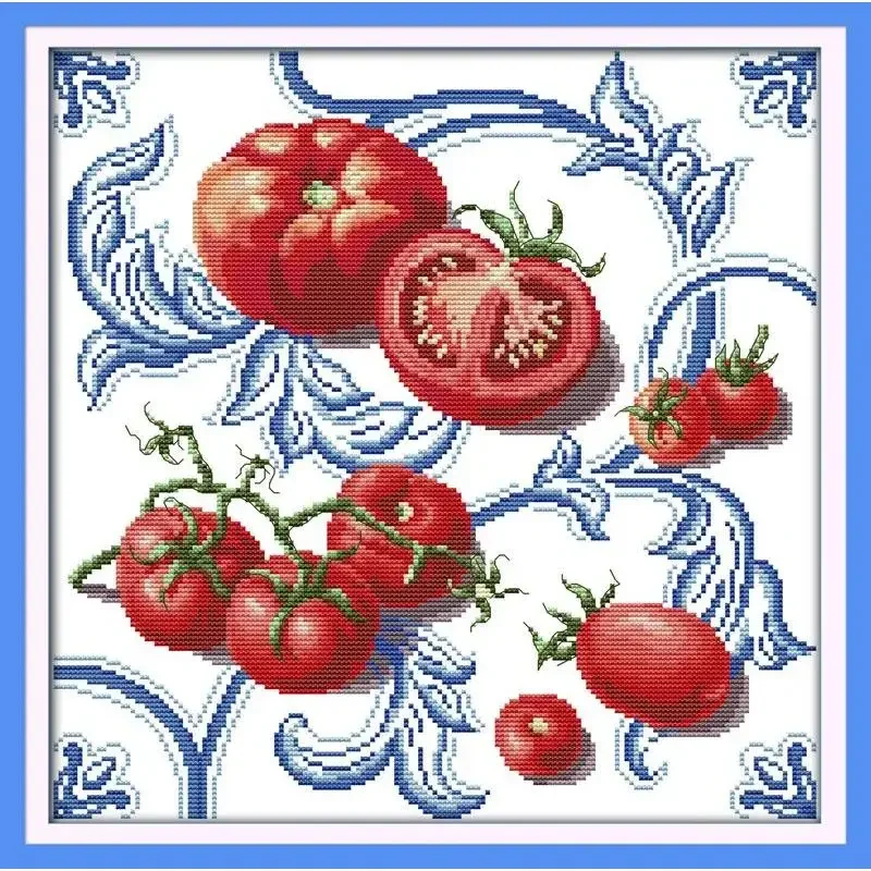 Joy Sunday News Printedd Cross Stitch Kit,  Easy Pattern With Aida and DMC Threads  Stamped Fabric Embroidery Set-Tomato