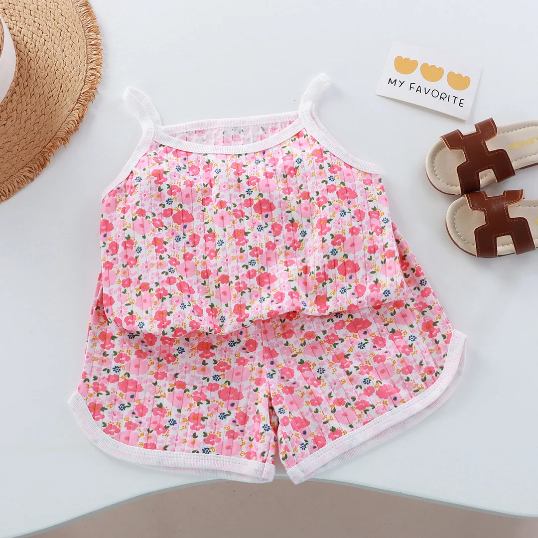 

Summer new baby girls' clothes outfits sets floral suspender T-shirt top+shorts suits for toddler baby girl clothing cotton sets