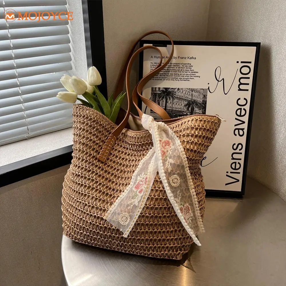 Summer Large Capacity Tote Bag Women's Weaving Shoulder Bag Handmade Woven Bag with Ribbon Bohemian Vintage Straw Beach Handbags