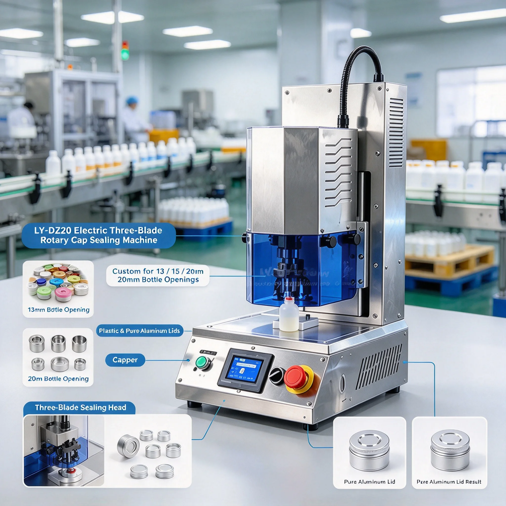 LY-DZ20 Electric Three-Blade Rotary Cap Sealing Machine Custom For 13 15 20mm Bottle Openings Plastic Pure Aluminum Lids Capper