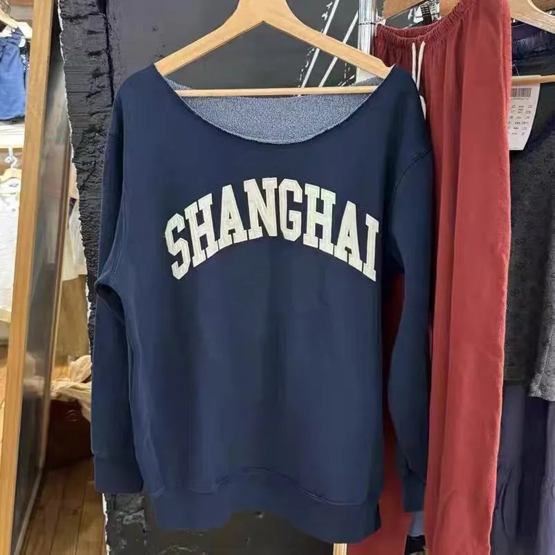 SHANG HAI Letter Print Autumn Women Sweatshirt Slanted Shoulder Streetwear Harajuku Pullovers Nacy Blue Vintage Y2K Tops