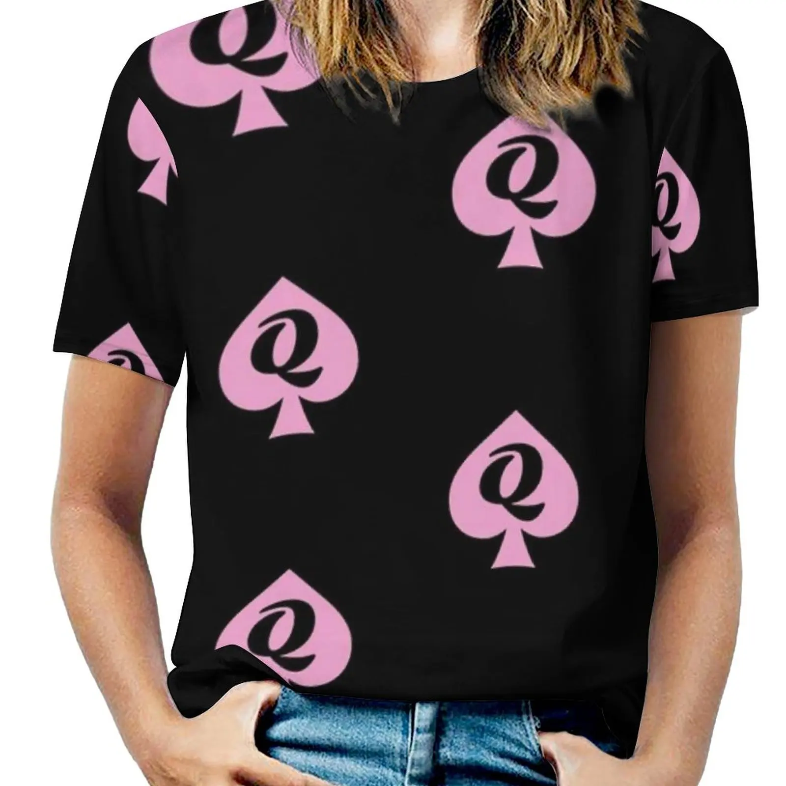 Queen Of Spades Pink And Black Women\'S T-Shirt Summer Fashion Print Floral V-Neck Zipper Tshirt Hollow Pullover Ladies Top Qos