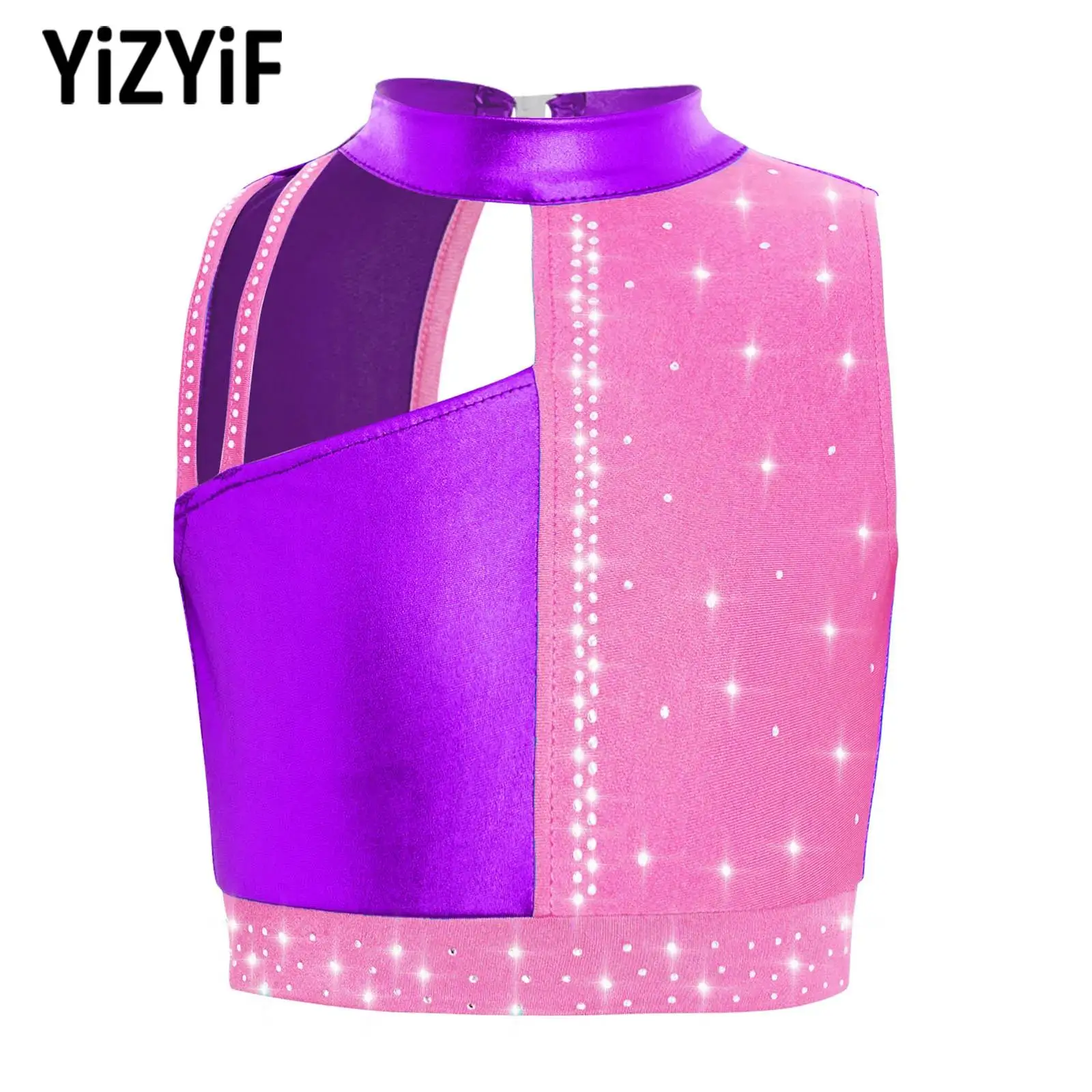 

Girls Athletic Figure Ice Skating Dance Tops Sleeveless Cutout Rhinestones Metallic Crop Top for Gymnastics Dance Performance