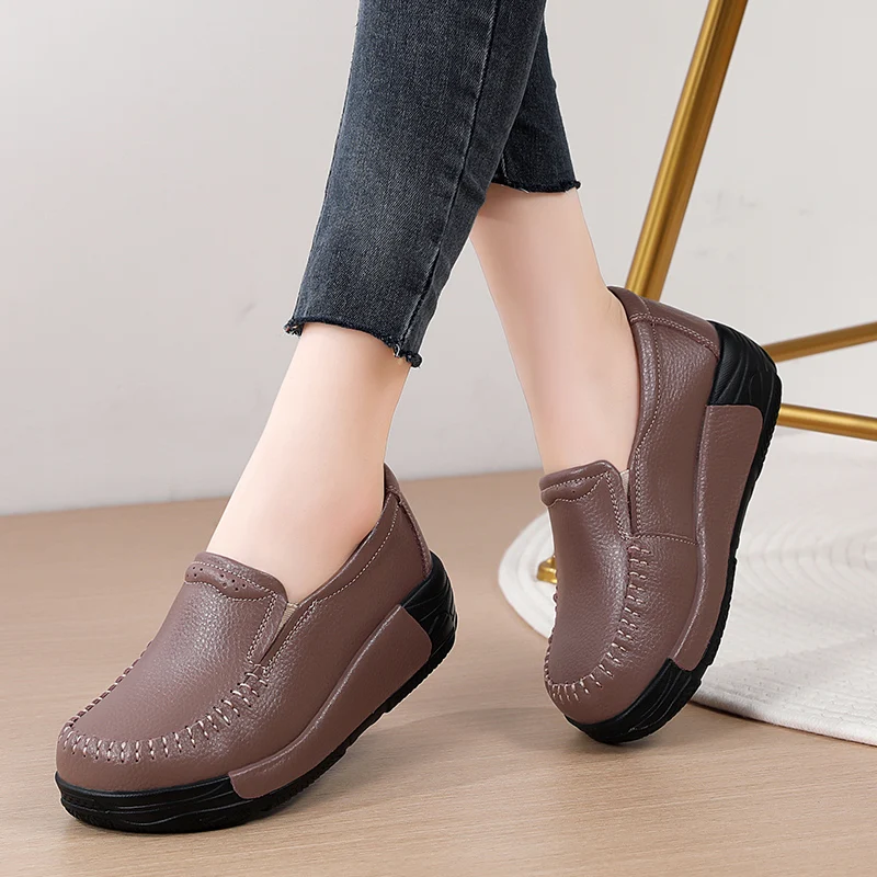 Spring Version Height-Increasing Wedges Casual Shoes Ladies Cushioning Loafers Genuine Leather Platform Shoes Women Thick-Soled