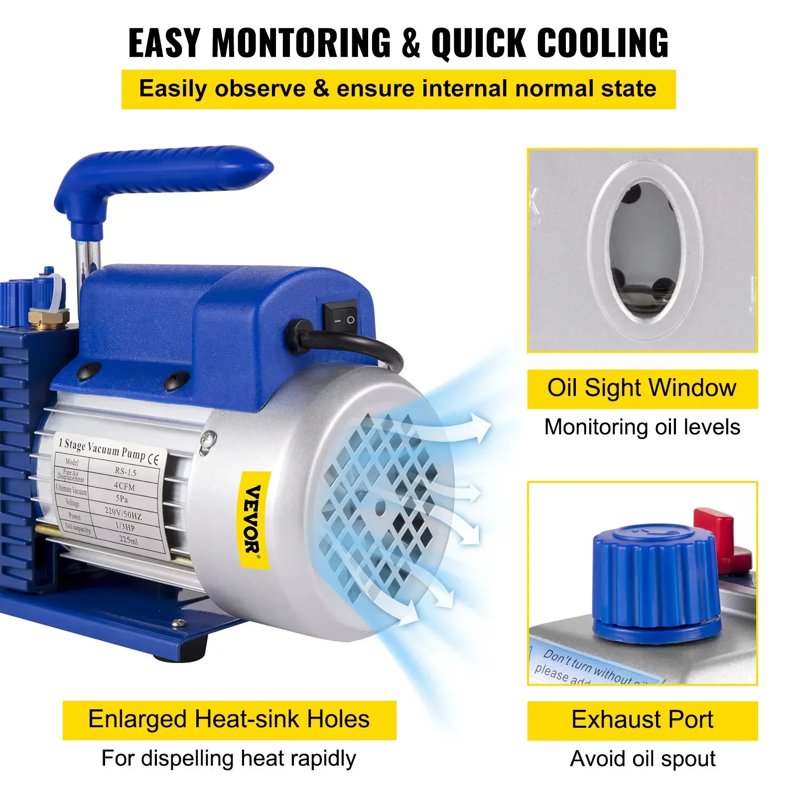 SIHAO 1.8-4CFM 1/3HP Oil-Free Rotary Vane Vacuum Pump HVAC AC Tool for R134a R22 R12 R502 Refrigeration Drying