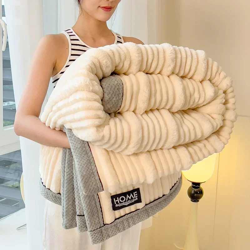 A-Class New Rabbit Plush Winter Thick Warm Coral Fleece Blanket Solid Color Double-Sided Cover Blanket Suitable Bedroom Supplies