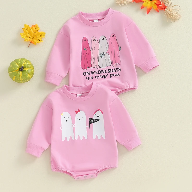 

Infant Baby Girl Halloween Outfit Long Sleeve Ghost Letter Print Romper Crewneck Sweatshirt Fall Clothes 0-18M