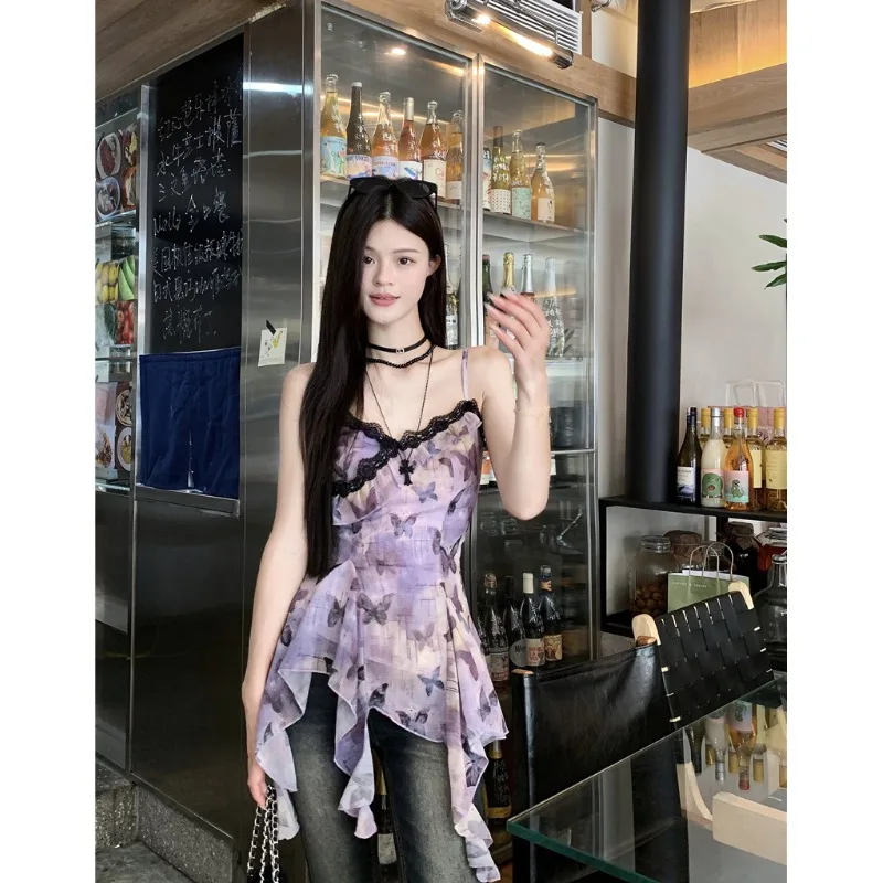 ฤดูร้อนผีเสื้อพิมพ์ Ruffle Hem ชุดผู้หญิงไม่สม่ําเสมอ SLIM FIT Cami Dress อินเทรนด์แขนกุดออกแบบ Elegant รายละเอียด