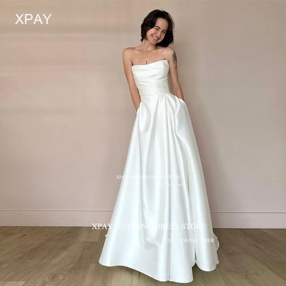 XPAY eleganti abiti da sposa in raso drappeggiato pieghe senza maniche abito da sposa Backless personalizzato lunghezza del pavimento Backless Robe de Wedding