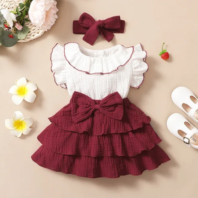 Summer Kids Newborn Baby Girl Plaid Bow T shirt+ Button Suspender Skirt Headband Outfits 2pcs Clothes Sets Toddler girl Outfit