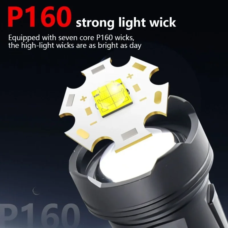 P160 High Power Flashlight LED 18650 Rechargeable USB C Lamp Waterproof Emergency Work Light for Outdoor Lighting Hiking Camping