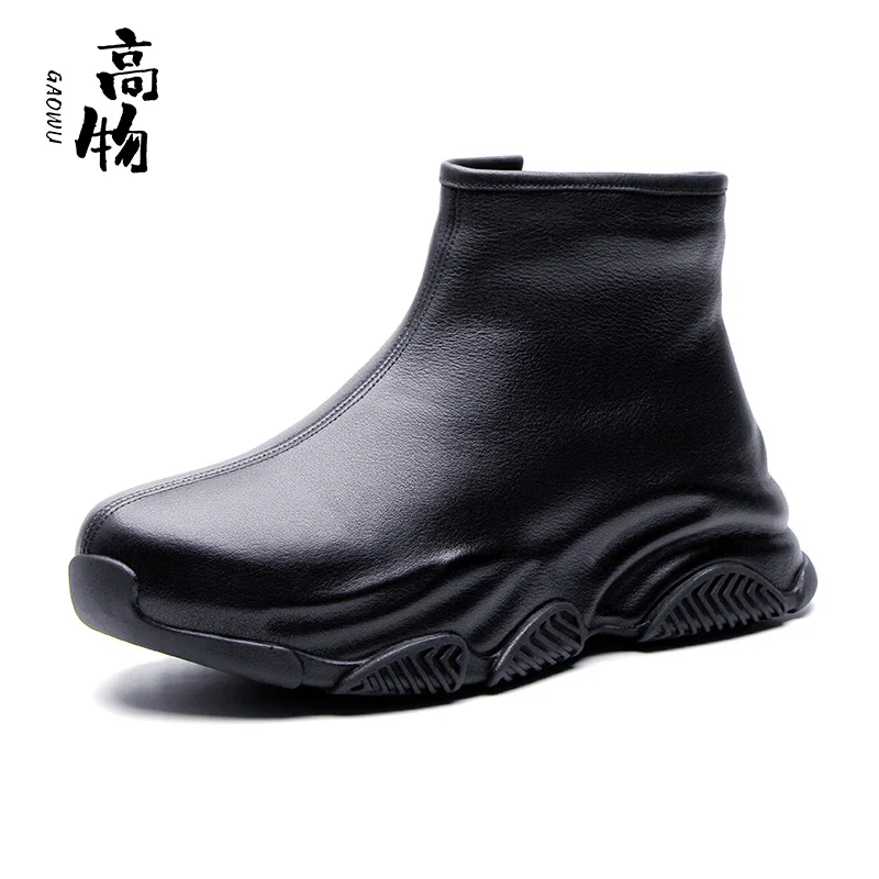 European station spring platform shoes 2024 new cowhide soft-soled sneakers Fashion breathable high-top men\'s casual boots