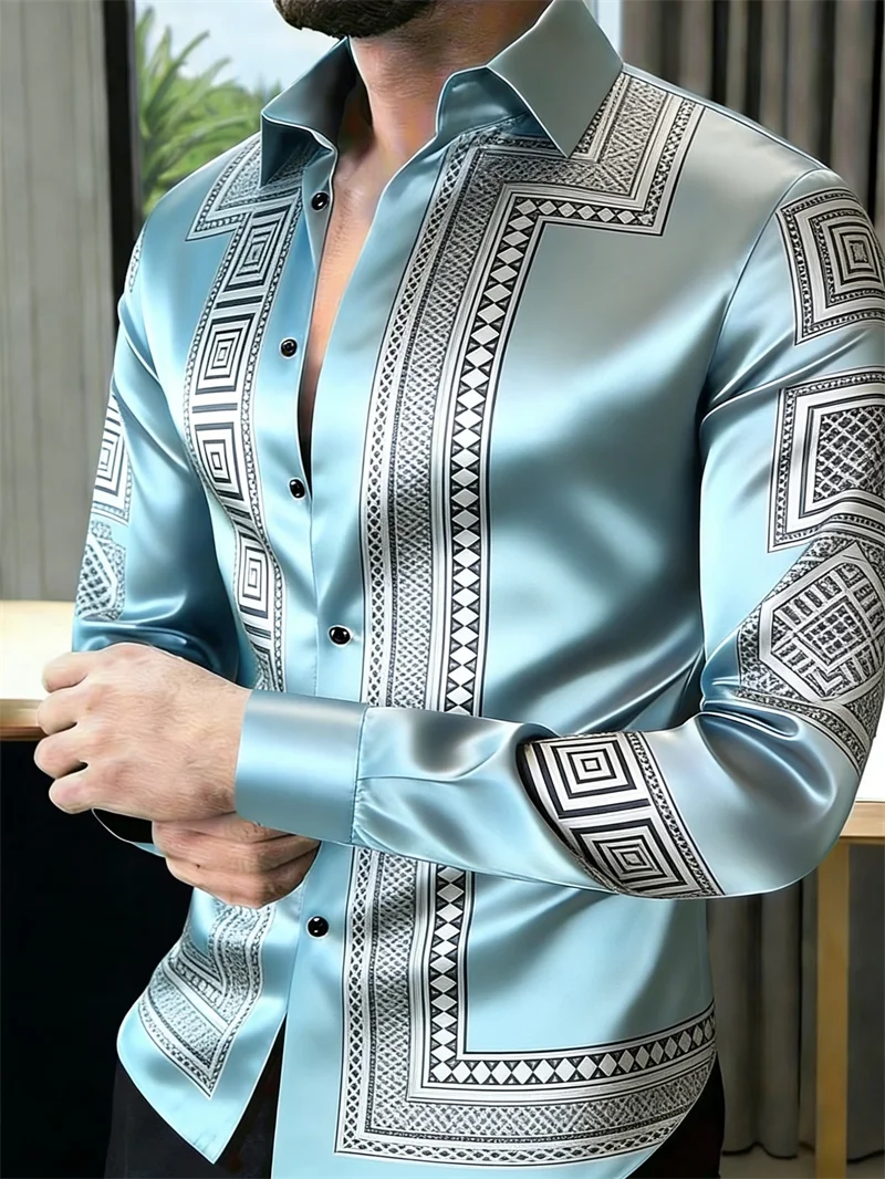 New Light Grey Satin Patchwork Line Plaid Printed Men's Long Sleeved Shirt, Light Luxury Casual Slim Fit Shirt