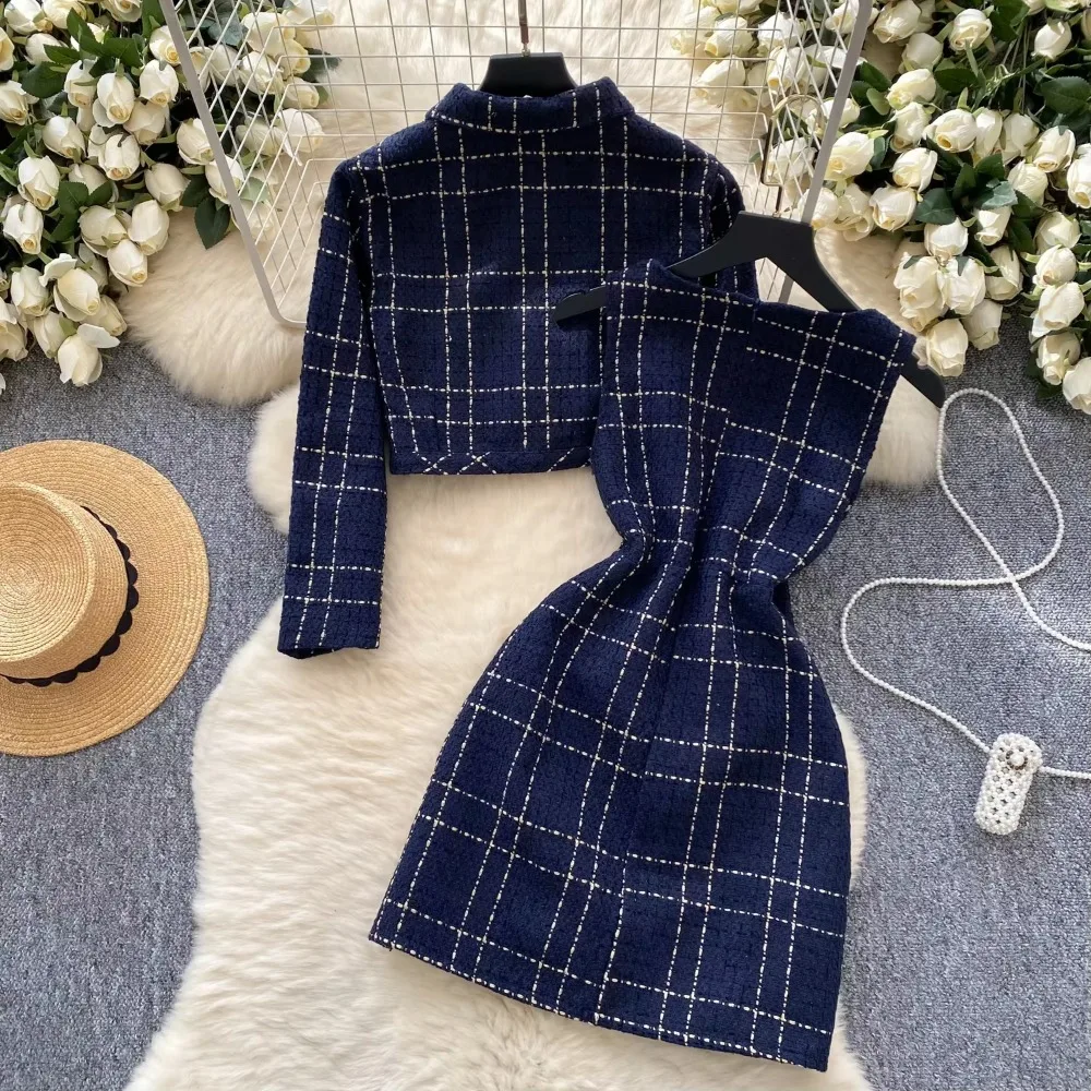 Chic Plaid Frauen Zwei-Stück Sets Schlank Metall Einreiher Jacke Top und Ärmelloses V-ausschnitt Kleid Koreanische High Street kleidung