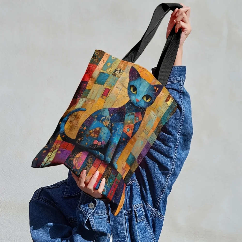 1 Stück ästhetische Einkaufstasche mit ethnischem Blumen- und Katzenmuster, leichte Schul-Umhängetasche, Polyester-Material, tragbare Freizeithandtasche