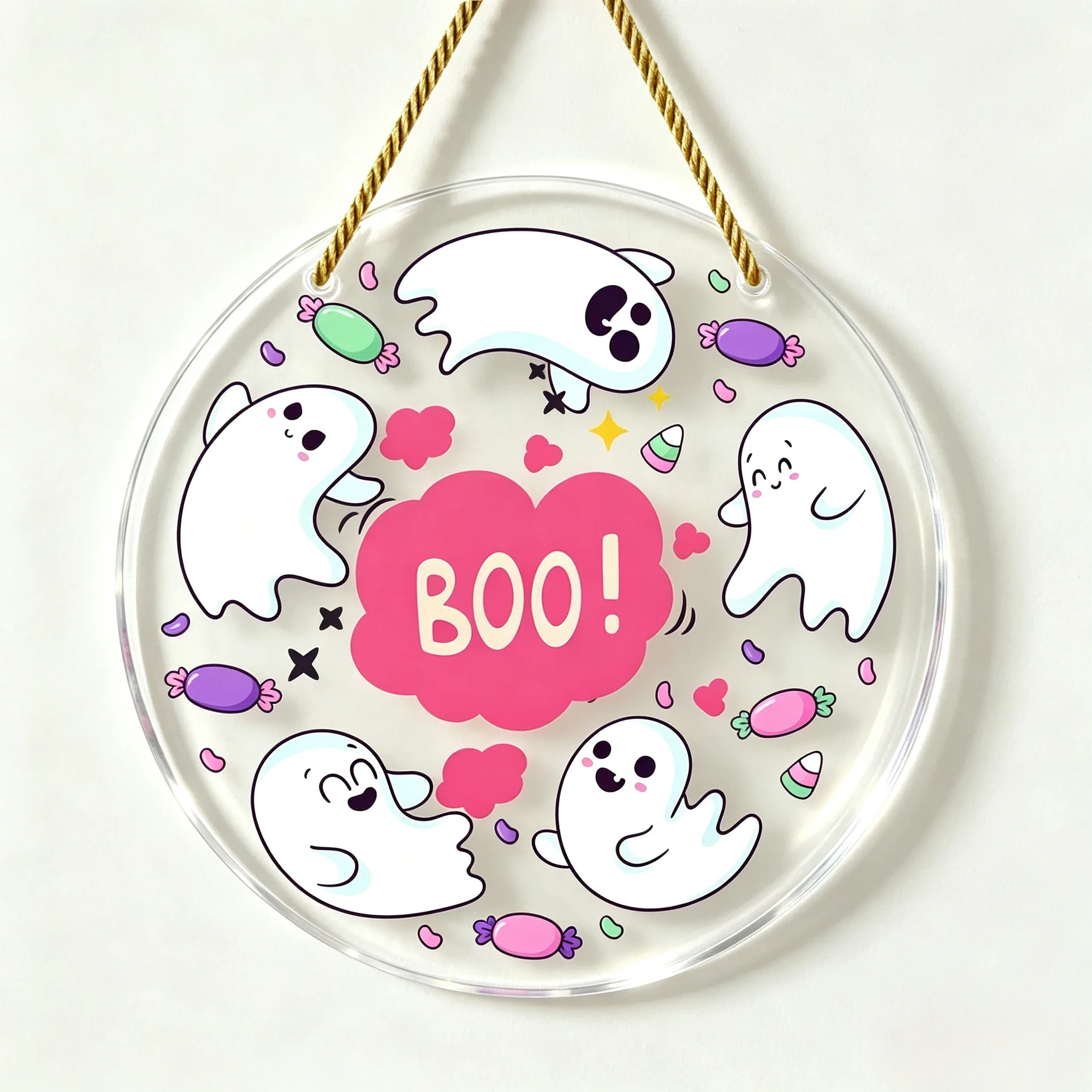 Boo! Cute Five Ghost Candy Round Acrylic Hanging Sign, Pink Halloween Door Wall Decor