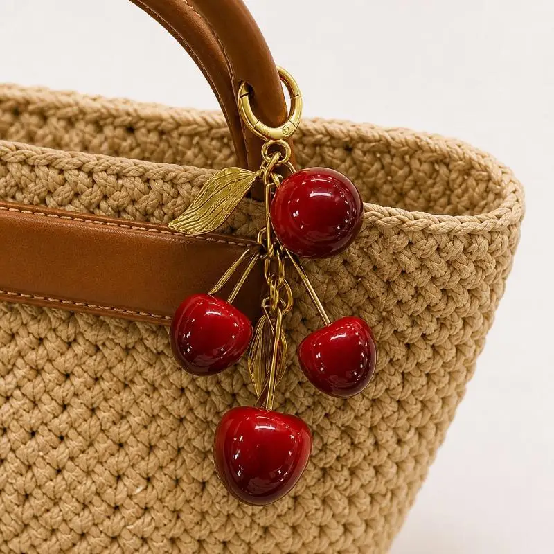 Vintage Kirsch-Taschenanhänger Schlüsselanhänger Rote Kirsche Anhänger Niedliches Handtaschen-Accessoire Eleganter Schlüsselring für Autoschlüssel & Taschendekoration – Detail 2