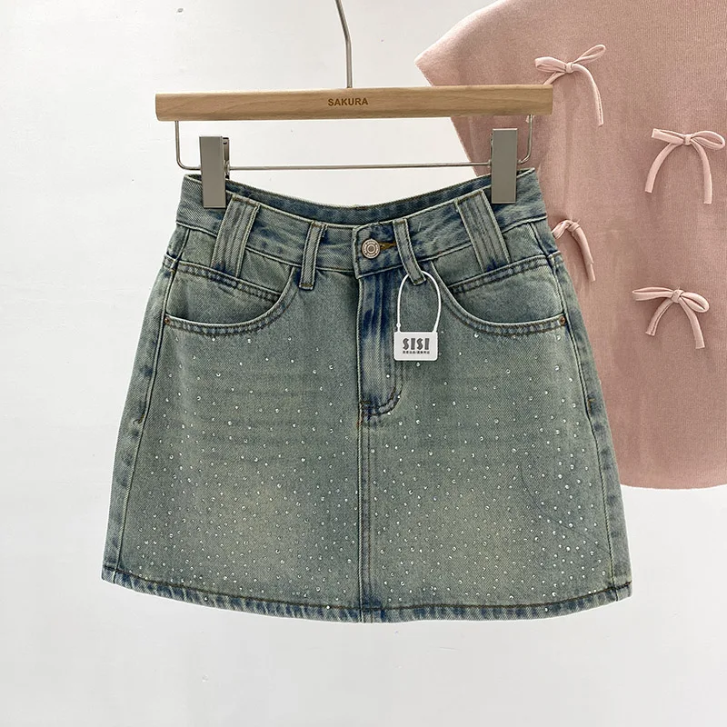 Summer 2024 High Waist Denim  Skirt Women's Fashion Sparkling Rhinestone Slimming Bodycon Skirt Trendy Dongda Gate Style