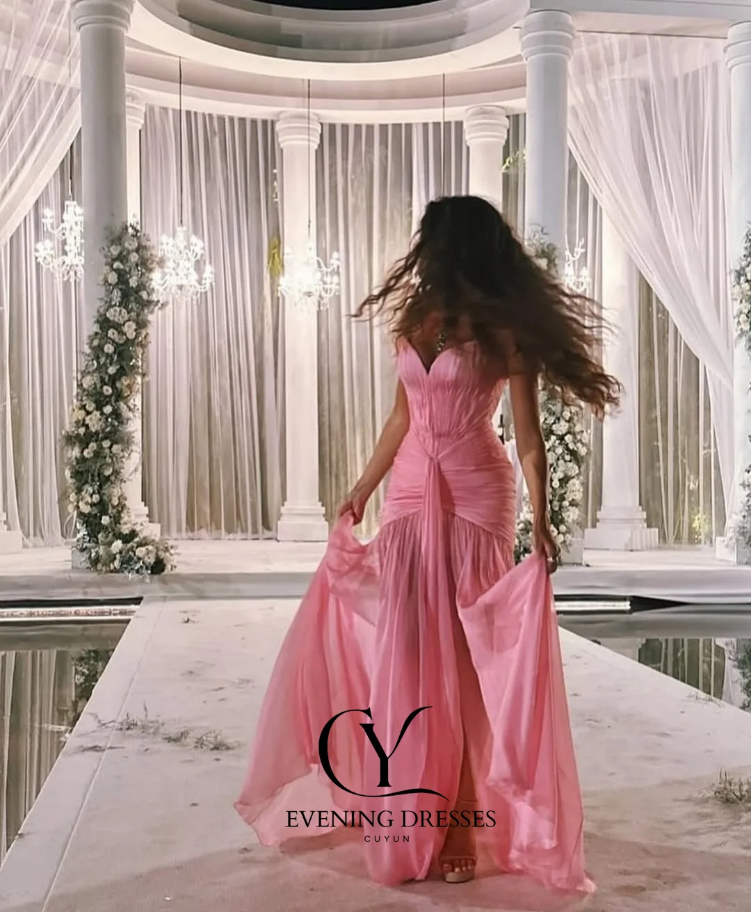 Cuyun novo luxo rosa feminino vestidos de noite sem alças chiffon plissado vestido de festa personalizado formal ocasião vestido de banquete