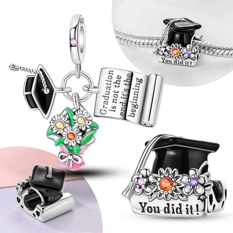 S925 Silver Graduation Season Bachelor Hat Charms Flower Sunflower Beads Fit Original Bracelets Jewelry Diy for Women Fine Gift