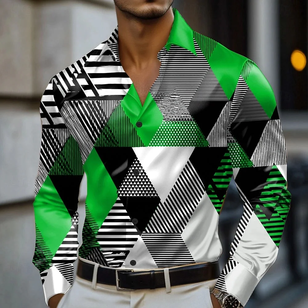

New men's long sleeved shirt, geometric print lapel button up shirt, business casual men's street fashion top plus size