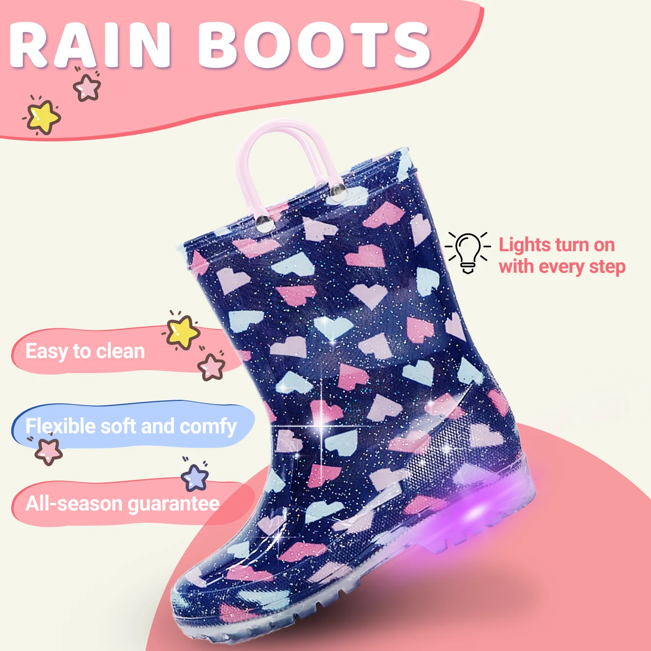 أحذية المطر ذات المصباح الأرجواني الفراولة للأطفال، أحذية المطر المقاومة للماء ومضادة للانزلاق، أحذية المطر الناعمة والمريحة