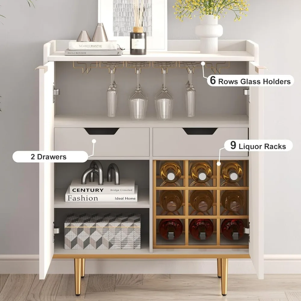 Coffee Bar Cabinet with Drawers & Shelf, Fluted 2 Door Buffet Sideboards, Freestanding Liquor Cabinet with Wine Rack & Glass Hol