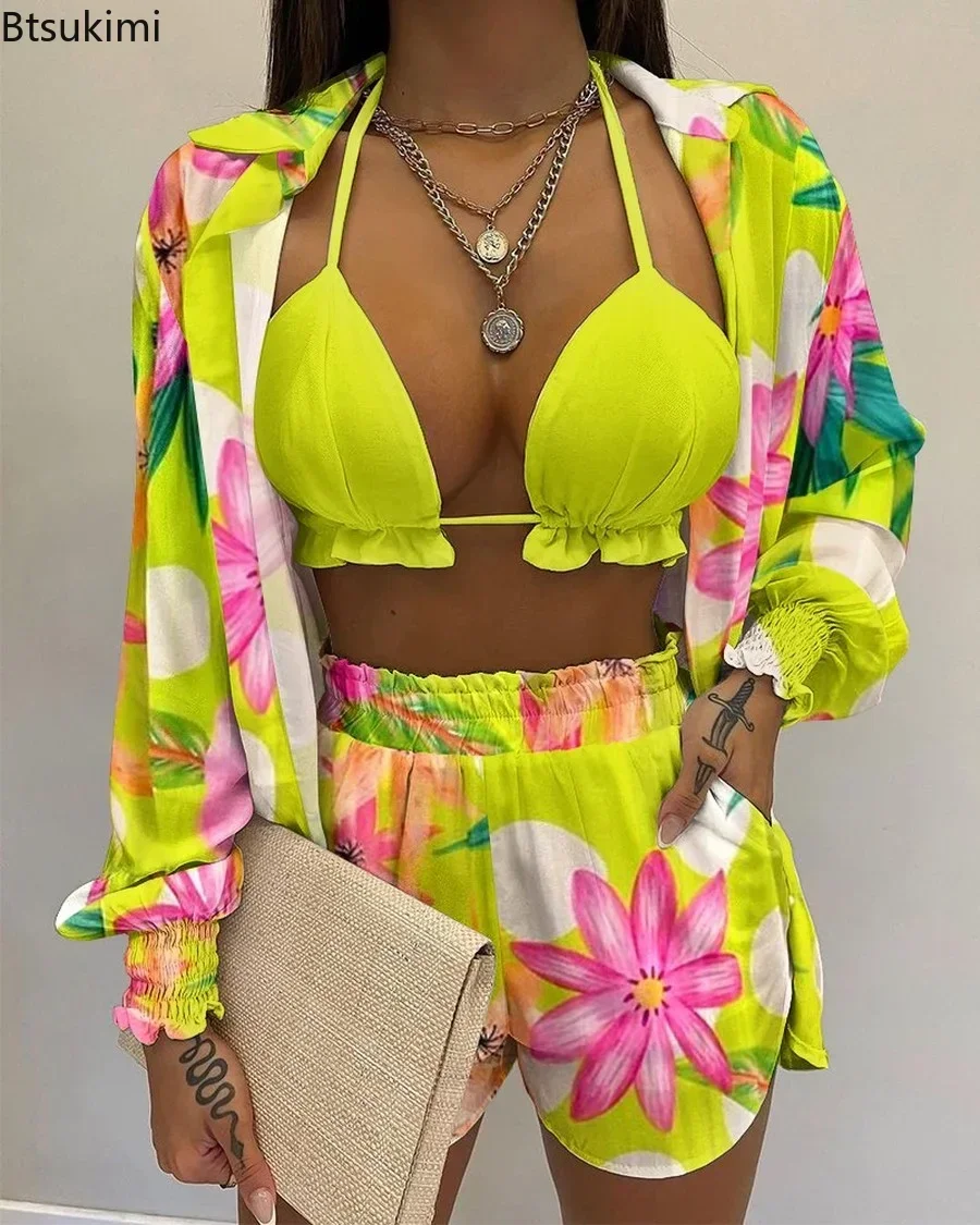 Women's Summer 3 Piece Set Outfits Swimwear Sexy Beach Printed Suspender Shirt Shorts Suit Three Piece Set Women Holiday Bikinis