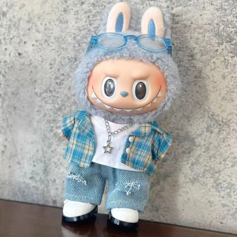 

New Suitable for Labubu 17cm Doll Replacement Clothes Plaid Shirt T-shirt Jeans Shoes Set Trendy Cool Cartoon Peripheral Clothes