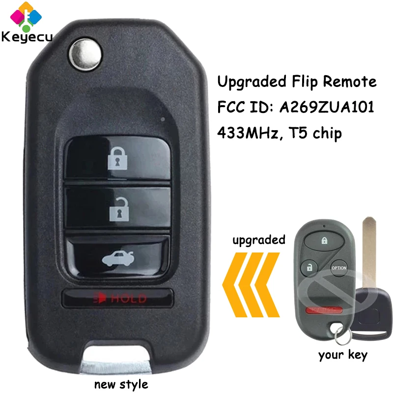 

KEYECU Upgraded Flip Remote Key With 3+1 4 Buttons 433MHz T5 Chip for Honda Odyssey Pilot 2003 2004 2005 Fob FCC ID: A269ZUA101