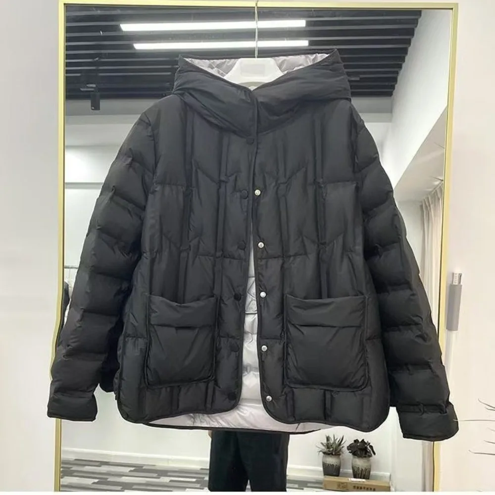 90% White Duck Down Women Down Jackets 2024 New Female Stand Collar Single-Breasted Puffer Jacket Casual Loose Hooded Parkas