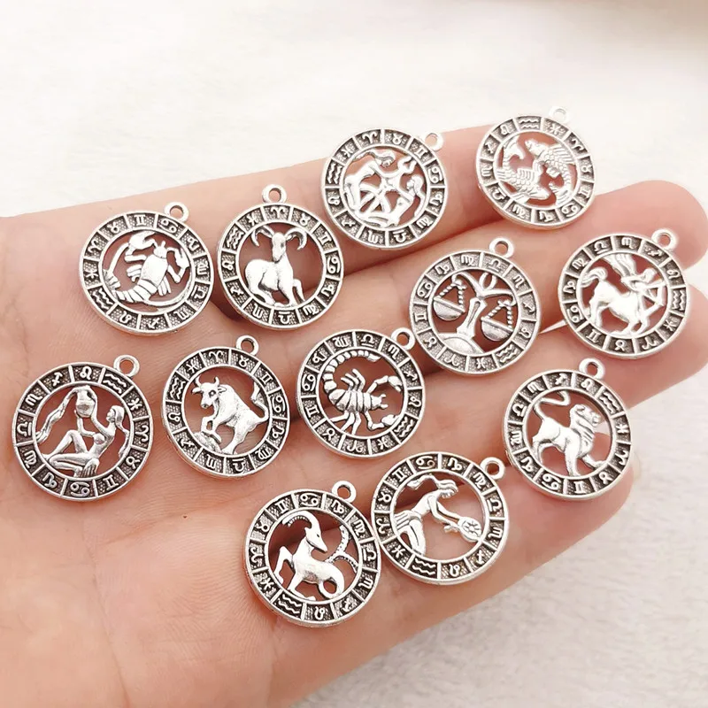 12pc Silver Color 24x21mm Twelve Constellations Charms Zodiac Pendant For DIY Handmade Metal Astrology Jewelry Making Accessorie