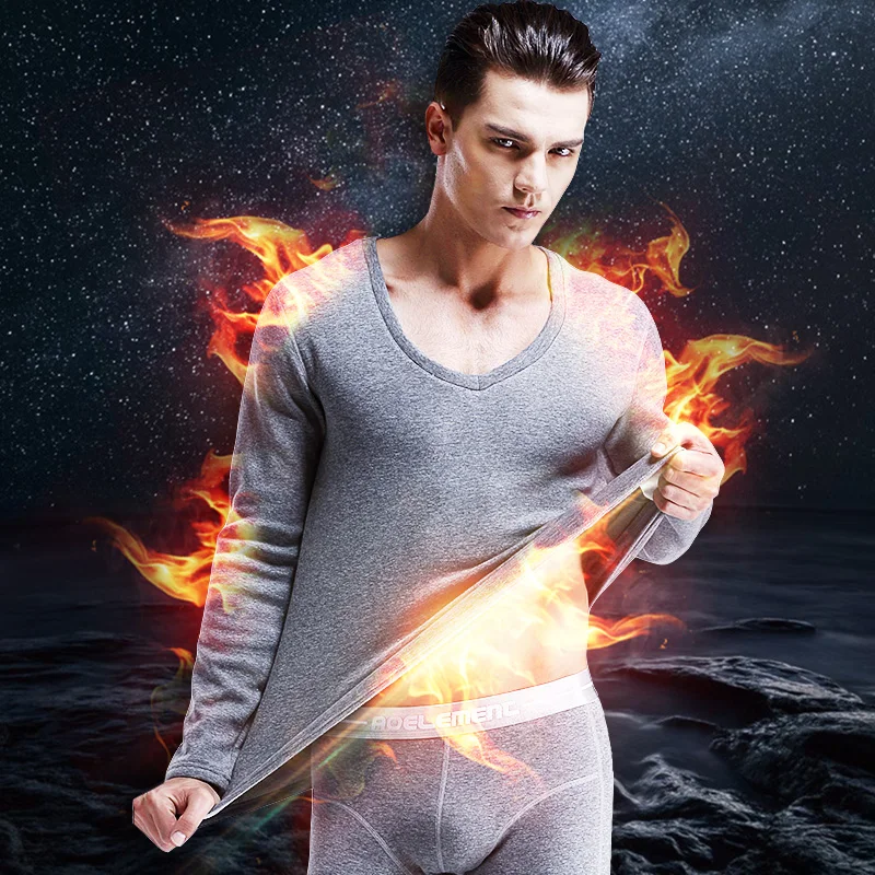 Autumn and Winter Men\'s Thickened and Velvet Winter V Neck Tight-Fitting Cotton Autumn Clothes and Long Trousers Thermal Intim
