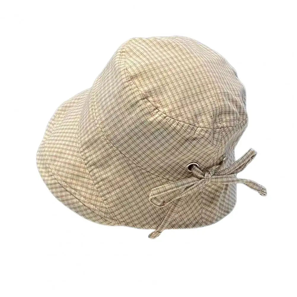 Sun Protection Wide Brim Hat Plaid Fisherman Hat for Women Wide Brim Uv Protection Sun Cap Adjustable Back Bow Summer Beach Hat