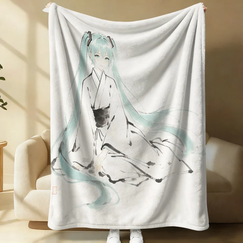 Hatsune Miku Japanese Ink Wash Flannel Throw Blanket Bedroom Decor Zen Style Anime Nap Blanket Air Conditioner Sofa Throw Cover