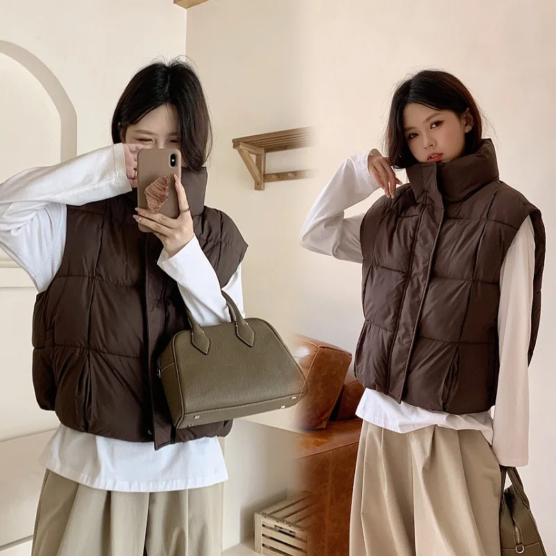 Solid Women Parkas Vest Coat Oversize Jacket Sleeveless Stand Collar Drawstring Hem Zipper Thick Loose Casual Autumn Winter 2025