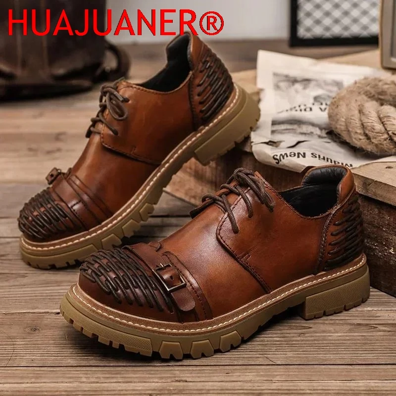 Luxury Men Casual Leather Business Tooling Shoes Comfy Thick Bottom Italian Genuine Leather Oxford Shoes Outdoor Walking Shoes