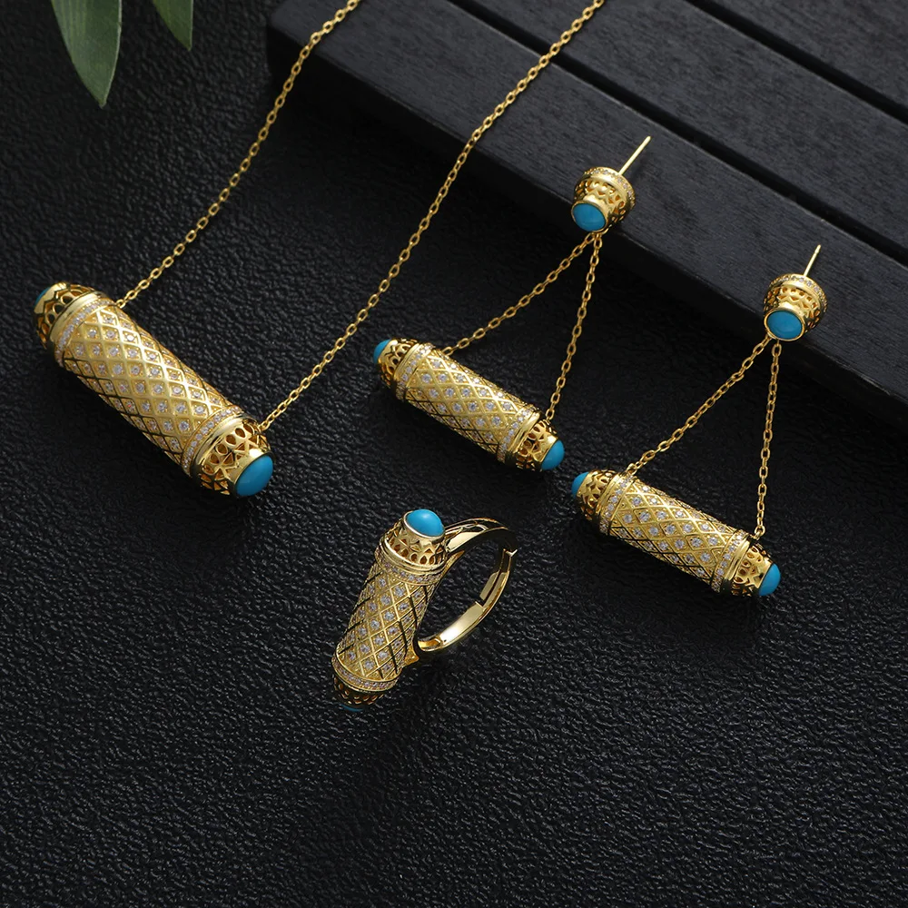 2023 New Fashion Luxury Necklace Earring ring Set For Women Colorful Stone Cubic Zircon Dubai Arabian Style Wedding Jewelry Set