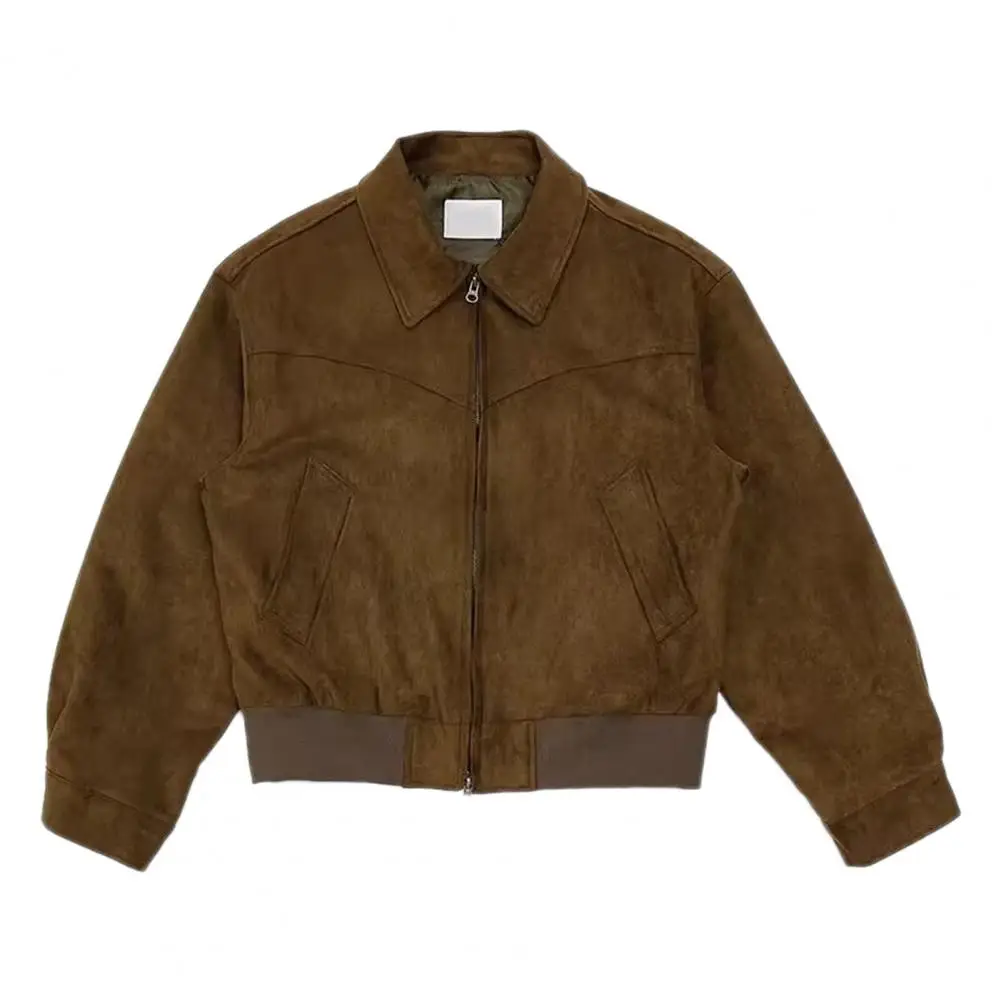 Men Zip-up Jacket Stylish Men\'s Lapel Jacket with Zipper Closure Side Pockets Solid Color Outwear for Short Style Long Sleeve