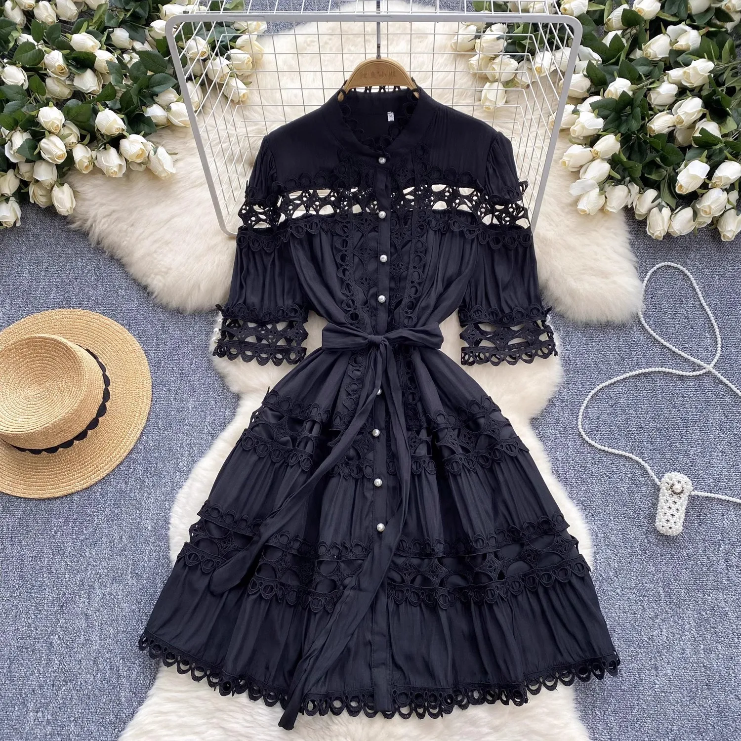 Holiday Crochet Lace Stitching Hollow Out Mini Dresses Summer Women\'s Stand Short Lantern Sleeve Pearl Buttons Lace Up Clothing