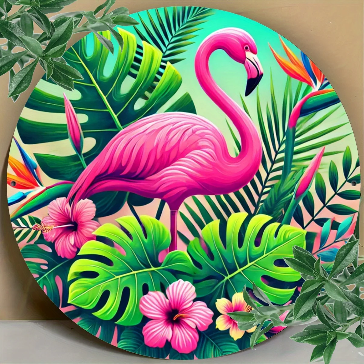 Chic Pink Flamingo Metal Wall Art - 19.81cm Round Tin Sign for Home & Room Decor, Durable Indoor/Outdoor Hanging Plaque
