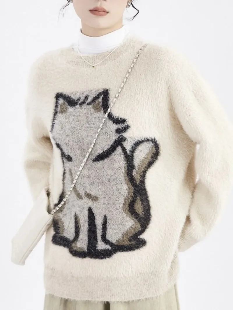 Harajuku Autumn Winter Cartoon Cat Sweater O-neck Casual Pullover Korean Fashion Oversized Sweater Women Y2k Tops Clothes